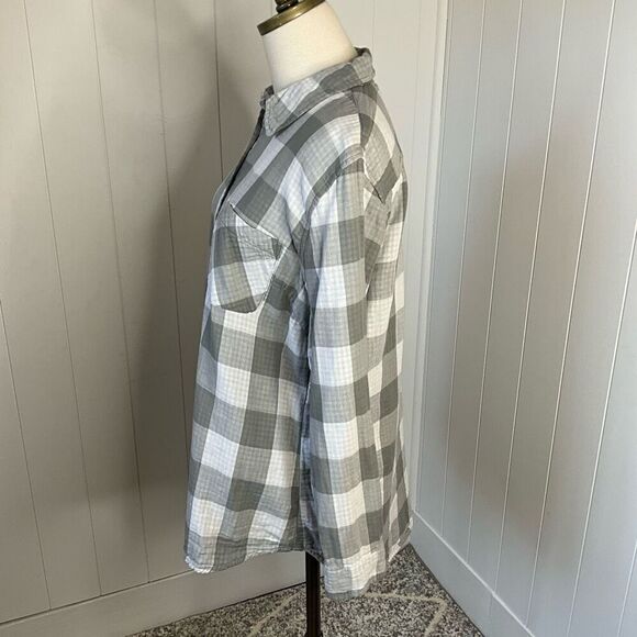 Womens Size XL Button Front Shirt Gray White Check Pattern Long Sleeve Collared - Picture 10 of 13